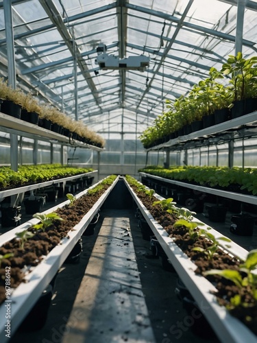 Futuristic greenhouse using aeroponic technology for soil-free plant growth.