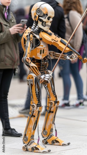 Urban street artist with mechanical limbs performing classical music on an electric violin, set against a city backdrop for smartphone wallpaper.