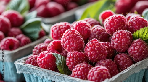 A display of fresh, market-ready raspberries (Rubus idaeus), perfect for a summer treat