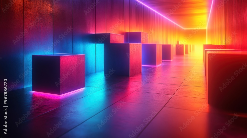Photo of geometric shapes in bold neon colors, with sharp lines and glowing edges,  futuristic design modern technology 