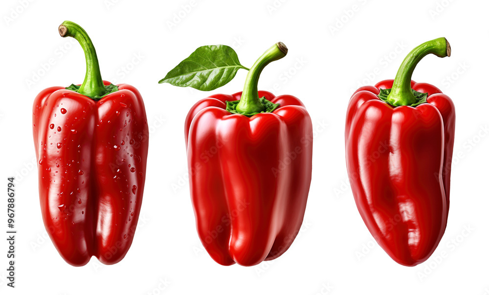set of three fresh red bell pepper with green leaf, cut out set of three fresh red bell pepper with green leaf, cut out