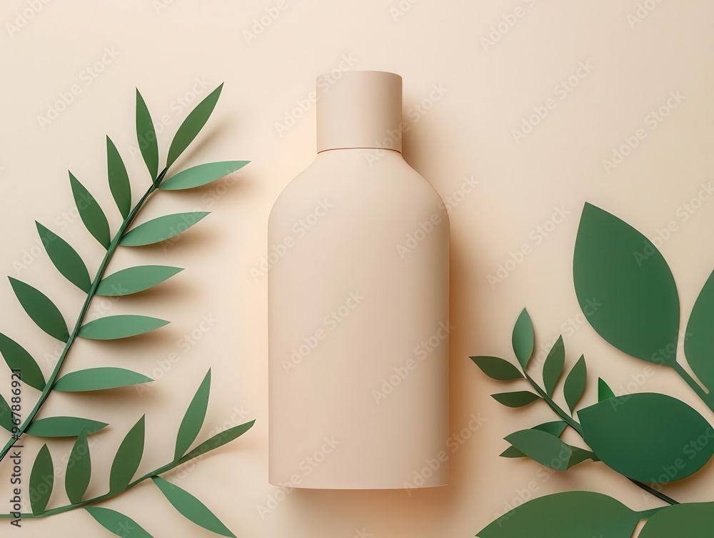 Foundation bottle made from paper, surrounded by delicate paper vines, minimalist background, pastel tones, soft lighting Foundation bottle made from paper, surrounded by delicate paper vines, minimalist background, pastel tones, soft lighting
