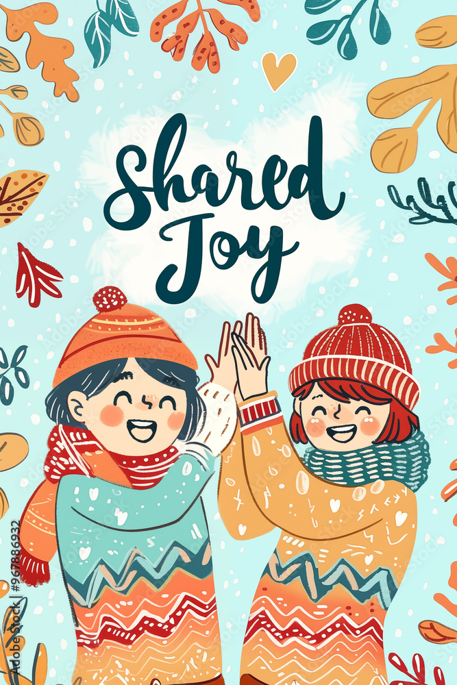 Fototapeta premium Two people in winter clothes high-fiving, with text 'Shared Joy' above them, surrounded by leaves and snowflakes