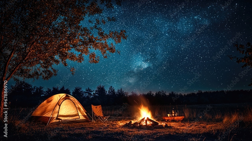 A serene campfire scene with a tent set up nearby and a starry sky overhead.