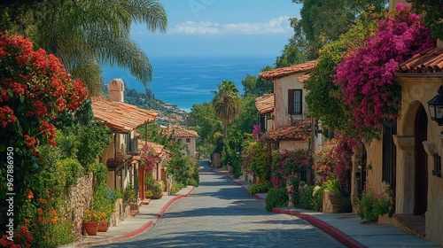 Scenic coastal street adorned with vibrant flowers and ocean view.