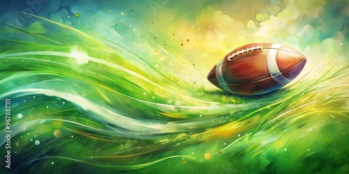 Vibrant watercolor illustration of a football hovering above a blurred green field, surrounded by swirling lines and photo