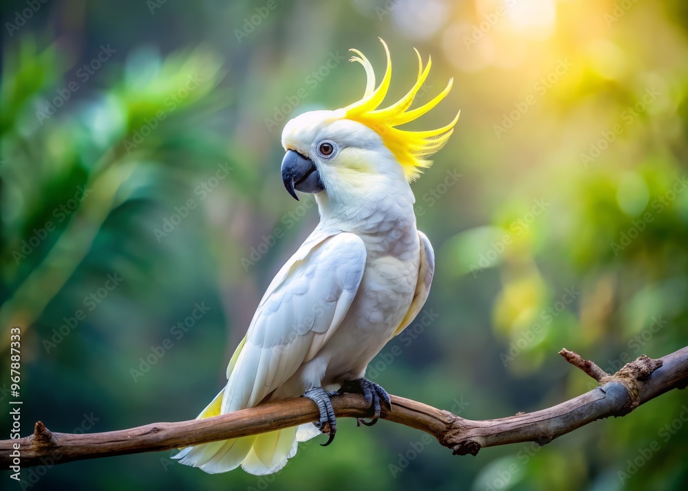 Vibrant white sulphur-crested cockatoo perches on a branch, its bright yellow crest feathers fluffed, against a soft Vibrant white sulphur-crested cockatoo perches on a branch, its bright yellow crest feathers fluffed, against a soft
