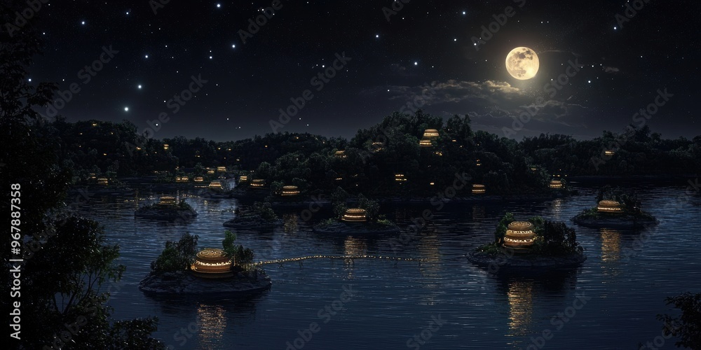 Fototapeta premium Enchanting Mooncake Shaped Islands Connected by Star Bridges in the Night Sky