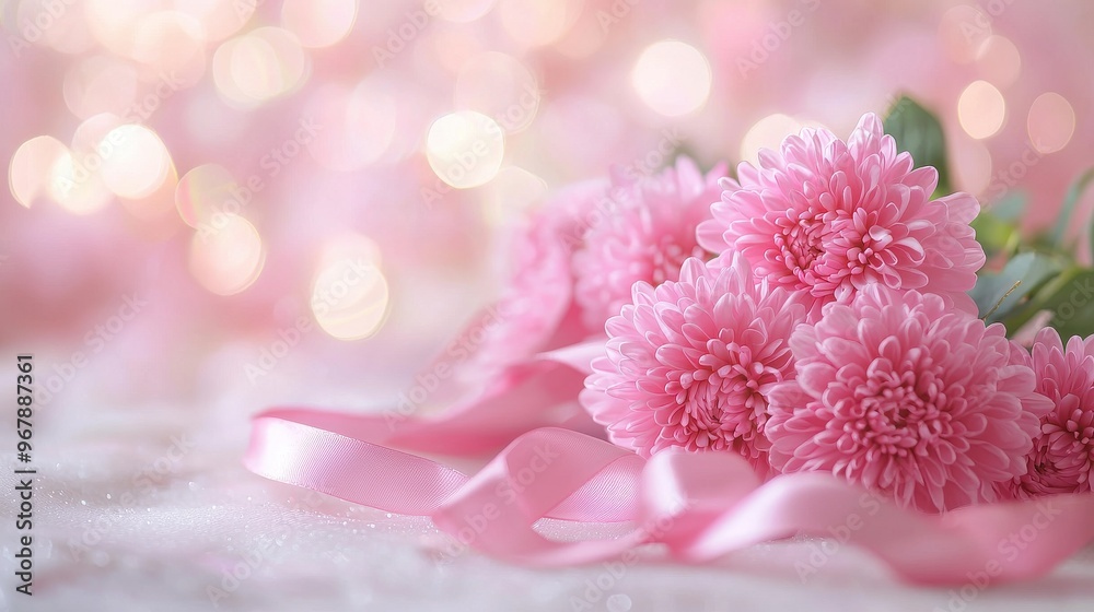 Pink Ribbon with Flowers on Soft Background Pink Ribbon with Flowers on Soft Background