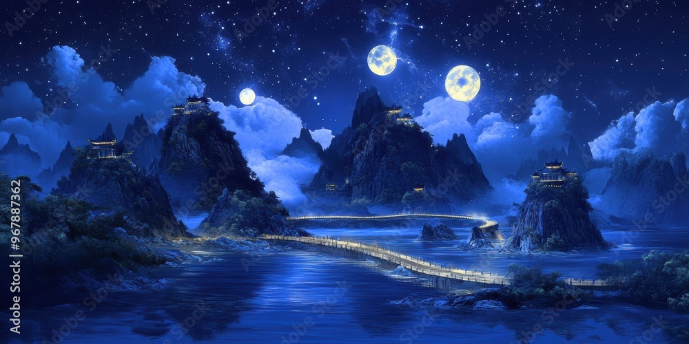 Fototapeta premium Enchanting Mooncake Shaped Islands Linked by Star Bridges in the Celestial Night Sky