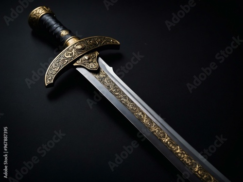 Gleaming sword set against a black backdrop, with sharp edges and detailed hilt.