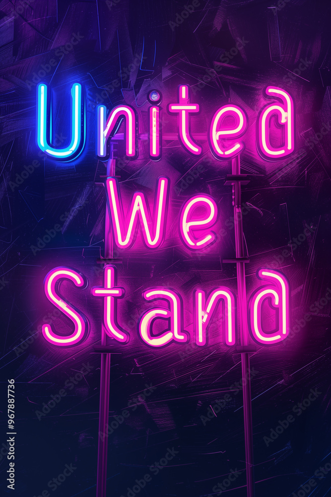 Neon sign with phrase united we stand in bright pink and blue colors on dark background