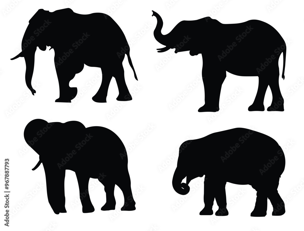 Fototapeta premium Illustration set of five black silhouettes of elephants