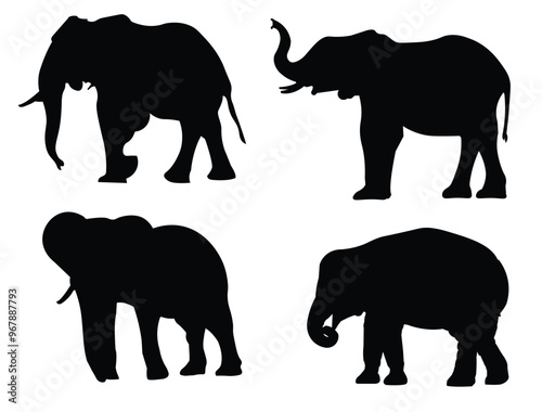 Illustration set of five black silhouettes of elephants