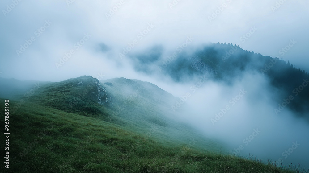 A misty, ethereal landscape of rolling green hills partially obscured by thick, low-lying clouds. A misty, ethereal landscape of rolling green hills partially obscured by thick, low-lying clouds.