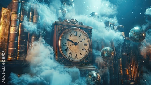 A surreal composition featuring an antique clock floating amidst books, rounded by thin sine waves, swirling clouds of time, and celestial spheres. 