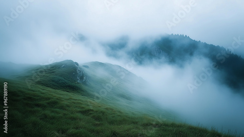 A misty, ethereal landscape of rolling green hills partially obscured by thick, low-lying clouds.