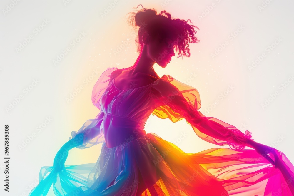 Fototapeta premium Dancers twirling in swirling cosmic rhythms against a vibrant light backdrop