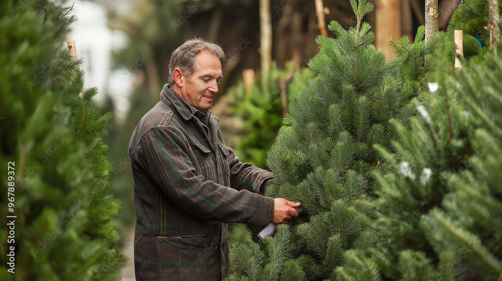 Man selecting a Christmas tree at an outdoor tree farm during the holiday season Man selecting a Christmas tree at an outdoor tree farm during the holiday season