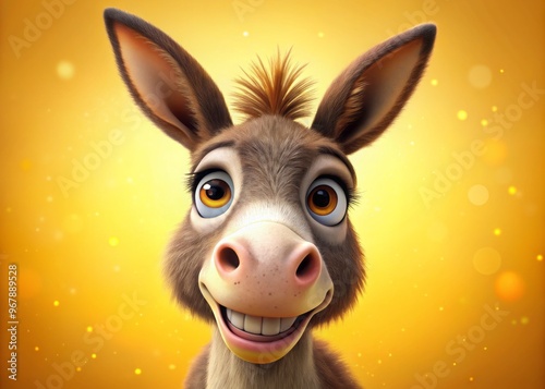 Whimsical illustration of a friendly donkey with big brown eyes, floppy ears, and a sweet smile, set against photo