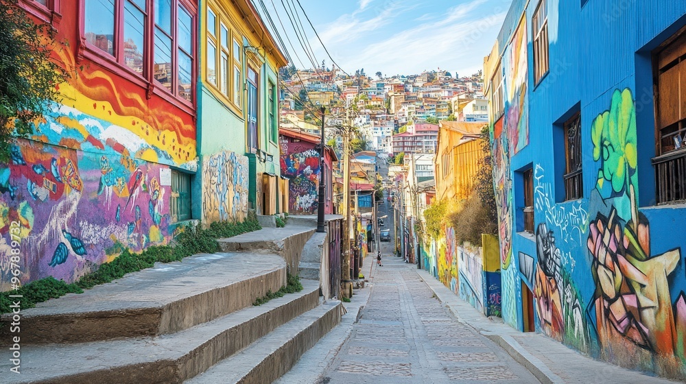 Fototapeta premium Colorful street in Valparaíso with vibrant murals and steep steps.