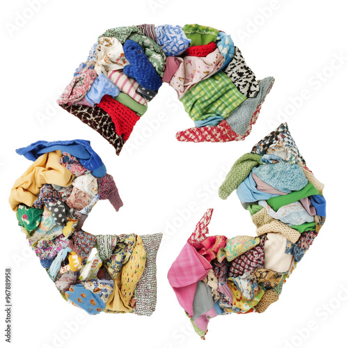 recycling symbol made from colorful patchwork fabrics, promoting sustainability and eco-friendly fashion. Highlighting reuse, up cycling, and circular fashion, PNG photo