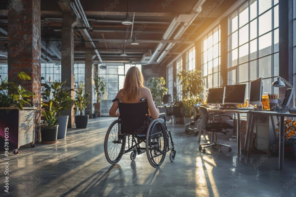 a disabled person works in an office. Portrait of a young woman in wheelchair using laptop at home office, person with chronic health condition, woman with disability, people with paraplegia a disabled person works in an office. Portrait of a young woman in wheelchair using laptop at home office, person with chronic health condition, woman with disability, people with paraplegia