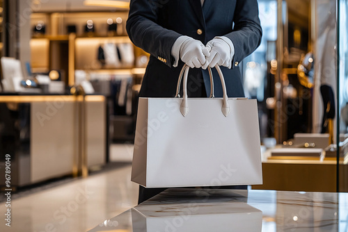 a personal shopper carefully selecting luxury items in a high-end boutique, with a shopping bag in hand photo