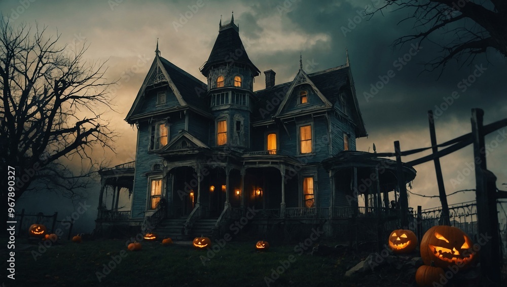 Halloween banner featuring a spooky house and eerie background. Halloween banner featuring a spooky house and eerie background.