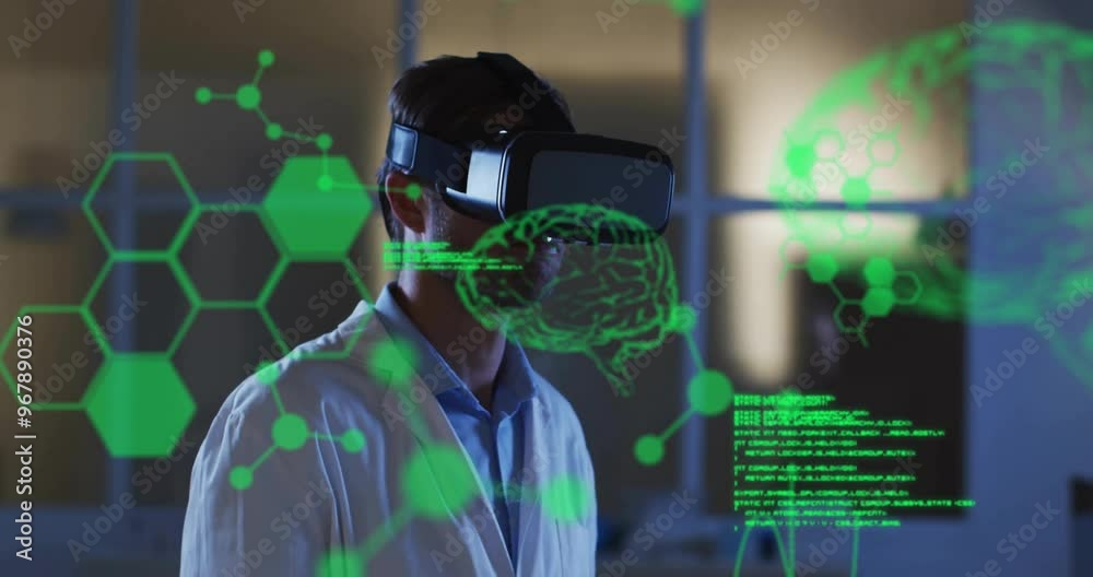 Animation of data processing with brains and molecules over caucasian male doctor using vr headset Animation of data processing with brains and molecules over caucasian male doctor using vr headset