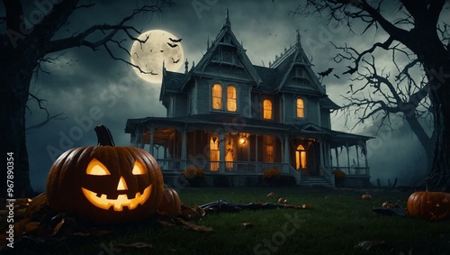 Halloween banner featuring a spooky house and eerie background. photo