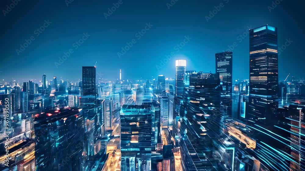 Aerial view of a futuristic city skyline illuminated at night with glowing digital connections and vibrant city lights