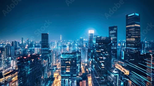 Aerial view of a futuristic city skyline illuminated at night with glowing digital connections and vibrant city lights