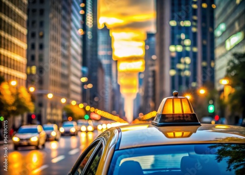 Yellow taxi cab with shiny chrome emblem on the roof, driving through a busy urban cityscape at dusk photo