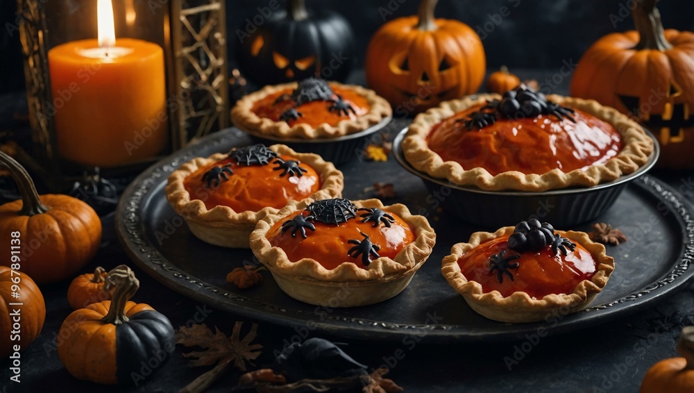 Halloween pies arranged on a festive table for a cozy seasonal vibe. Halloween pies arranged on a festive table for a cozy seasonal vibe.