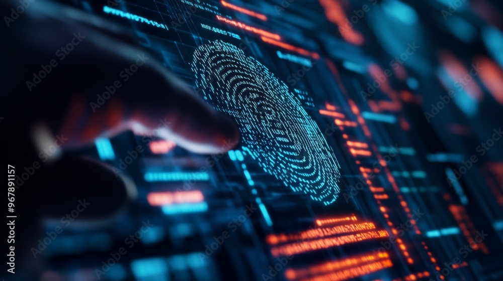 A person's hand interacting with a digital fingerprint on a glowing ...