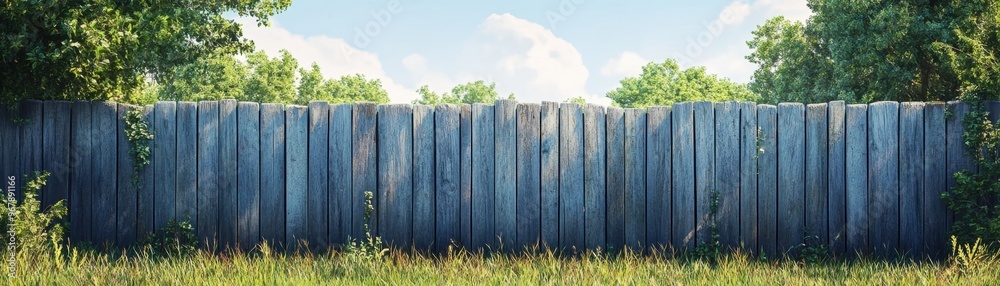 A serene wooden fence bordered by lush grass and trees under a clear blue sky, ideal for nature and landscape themes. A serene wooden fence bordered by lush grass and trees under a clear blue sky, ideal for nature and landscape themes.