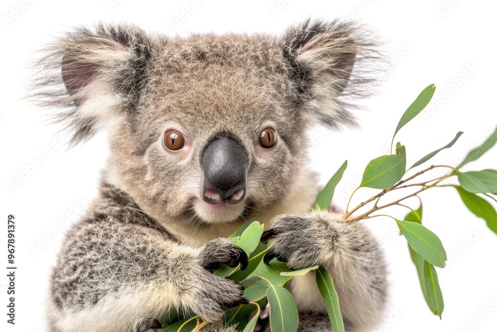 Naklejka premium A baby koala is holding a leaf in its mouth