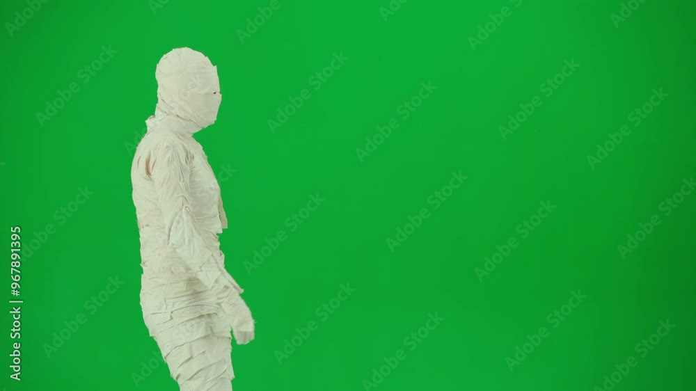 Portrait of person in a mummy bandage on chroma key green screen background. Mummy covered in white cloth ribbons walking with hands up. Portrait of person in a mummy bandage on chroma key green screen background. Mummy covered in white cloth ribbons walking with hands up.