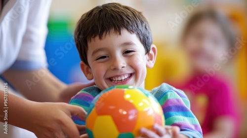 Encouraging Play Therapy: Child with Special Needs Engaging with Sensory Ball as Counselor Provides Positive Support