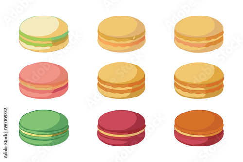 Set of different types Macaron cookies drawing vector illustration on white background