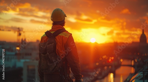 Silhouette of a construction worker working on top of a building at sunset, with a concrete steel frame structure, safety net, and crowbar in action for a house plan or industrial factory project with