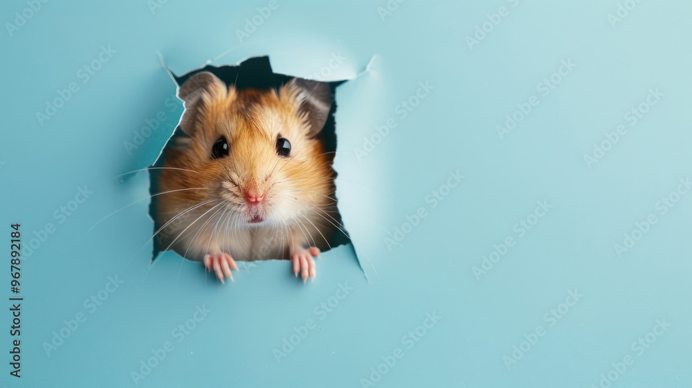 cute hamster peeking through a hole in a blue paper wall cute hamster peeking through a hole in a blue paper wall