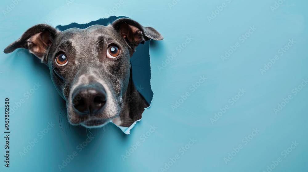 cute greyhound peeking through a hole in a blue paper wall cute greyhound peeking through a hole in a blue paper wall
