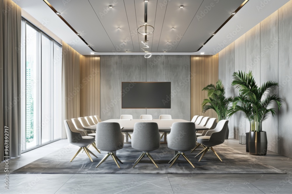 Fototapeta premium Conference light grey meeting room design with tv