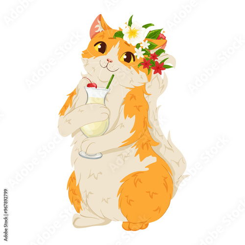 Fluffy orange cat is standing on its hind legs. She's holding a pina colada cocktail in her front paws. Funny cartoon vector illustration for stickers, prints, invitations design, bar menu
