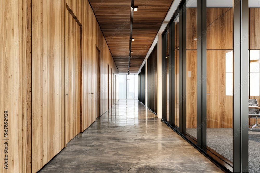 Corridor of company with wooden walls vertical poster and conference room with glass walls Corridor of company with wooden walls vertical poster and conference room with glass walls