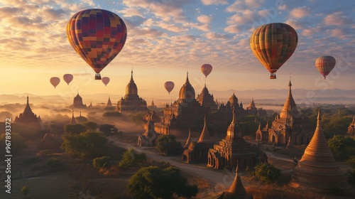 Hot air balloons over ancient temples at sunrise, creating a serene travel scene.