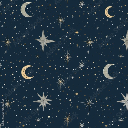 Elegant celestial pattern with gold crescent moons and stars on a dark blue background, creating a luxurious and enchanting night sky design with shimmering metallic details. photo