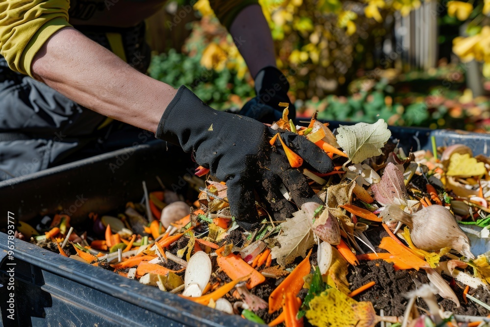Person with gloves throwing food and yard scraps into a residential compost bin Person with gloves throwing food and yard scraps into a residential compost bin